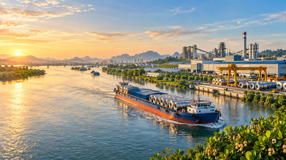 Tàu hàng trên tuyến thủy nội địa, khu sản xuất và cây xanh thể hiện định hướng phát triển bền vững, đa ngành của HSV Việt Nam.
